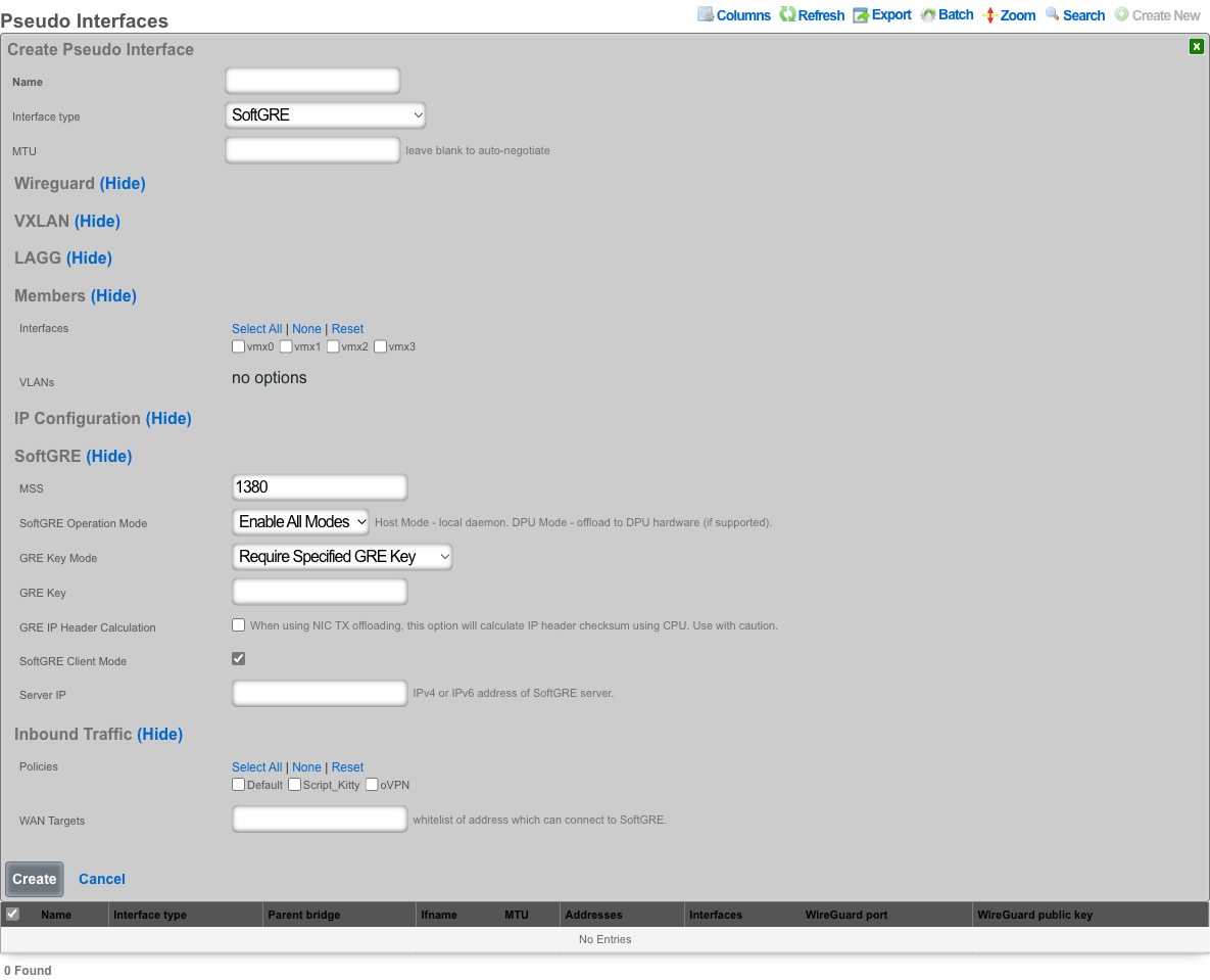 SoftGRE configuration options with expanded fields