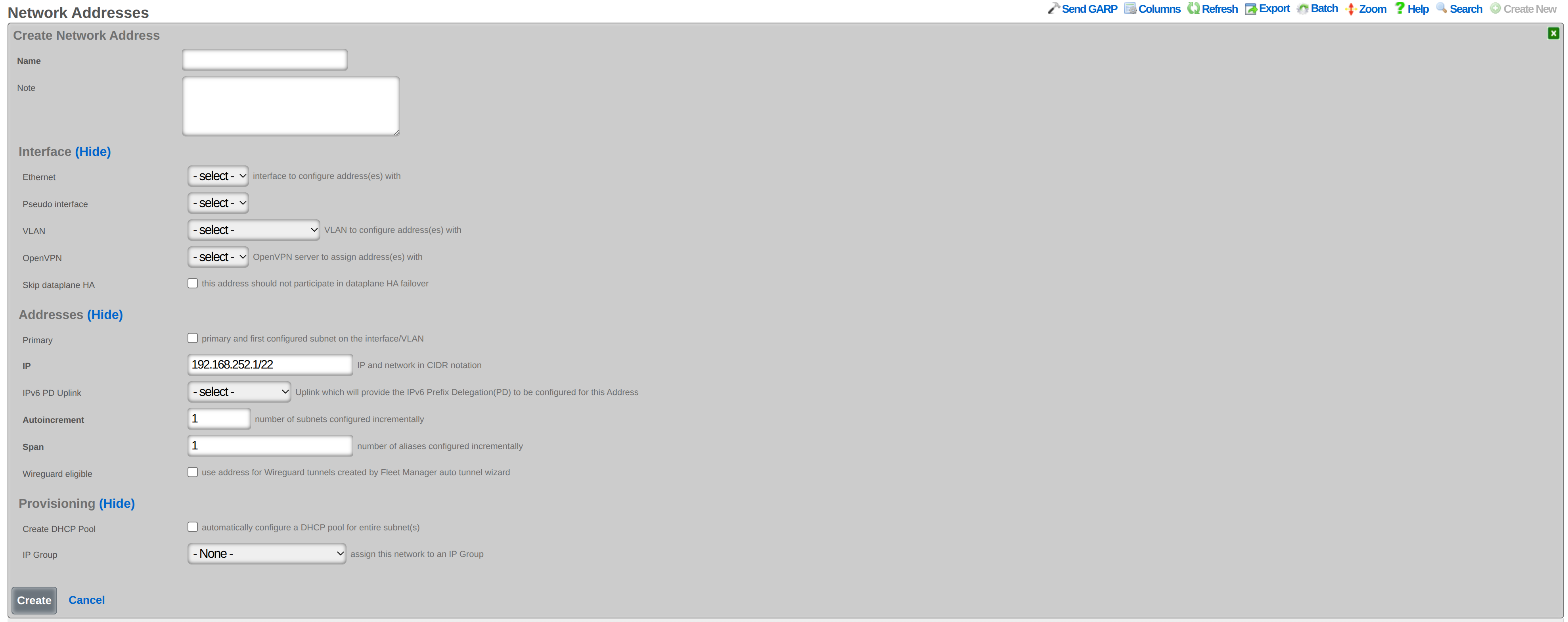 Address configuration form showing CIDR and interface fields for NAT pool block