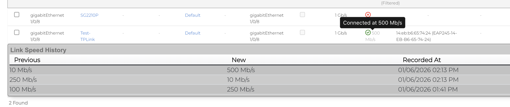 Link Speed History panel showing previous and new speeds with timestamps