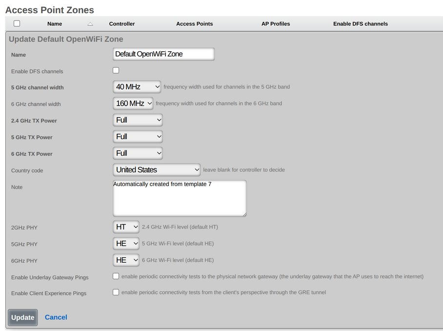 Access Point Zone edit form showing TX Power settings per band