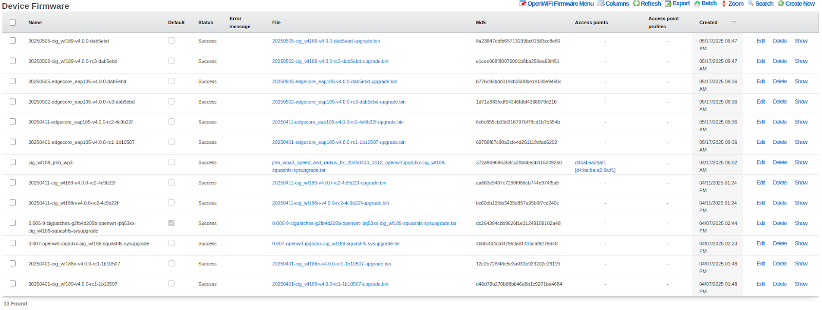 Device Firmware List