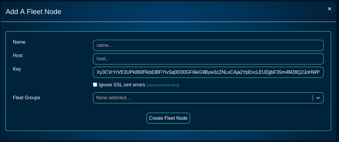 Fleet managed, add a node dialog