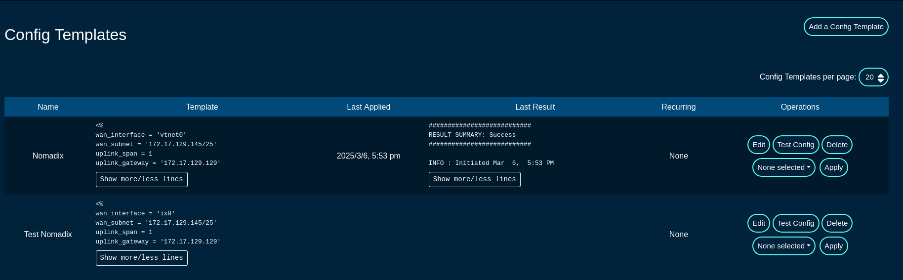 Config templaes, main screen